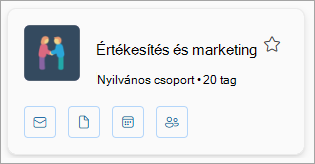 A csoportkártyákon megjelenik a csoport neve és a tagok száma, valamint ikonok vannak az e-mailekhez, a fájlokhoz, a naptárhoz és a tagokhoz.