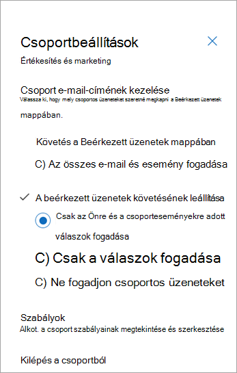 A Csoportbeállítások panelen válassza ki a követési beállítást vagy a Kilépés parancsot