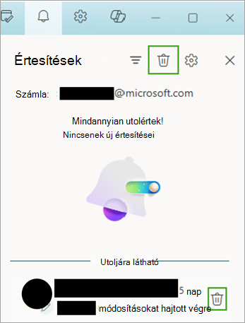 Használja az értesítések ikont, majd válassza a törlés lehetőséget az értesítések áthelyezéséhez