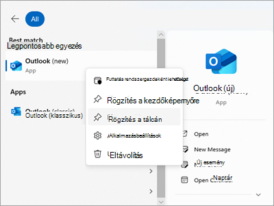 Képernyőkép az Outlookról az Indítás menüben, Rögzítés a tálcán elemmel