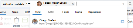 A keresési tartományra vonatkozó javaslatok megjelenítéséhez írjon be szöveget a keresősávba, például: All, Mail, Files, Teams és People.