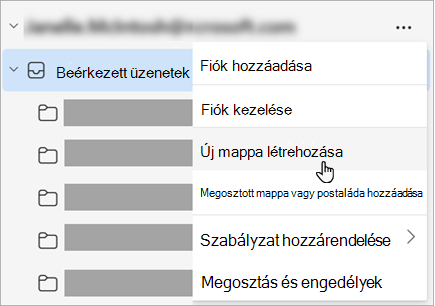 Képernyőkép: az Új mappa létrehozása elem a mappaablak További beállítások menüjében kiválasztva