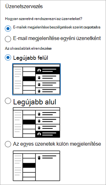 Képernyőkép a Levelezési> elrendezés beállításai > szakaszról, amelyben látható az üzenet rendszerezési szakasza