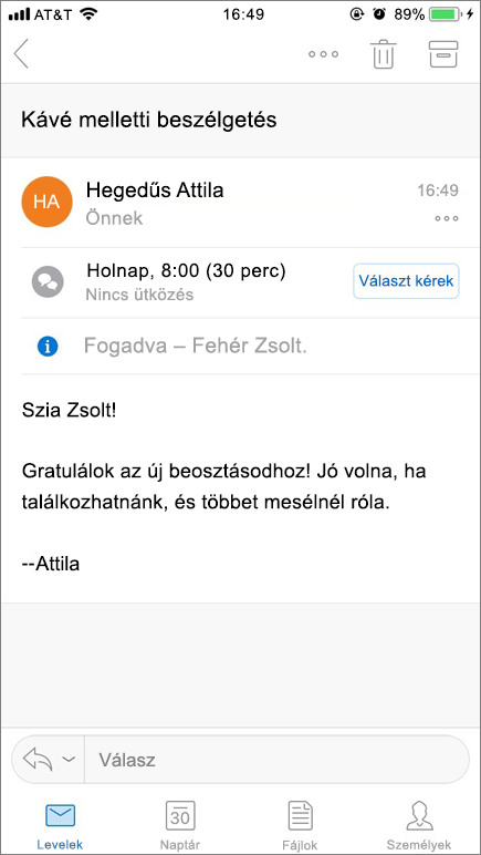 Képernyőkép egy mobileszköz képernyőjén látható levelezési elemről