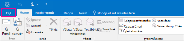 Így néz ki az Outlook 2016 menüszalagja.