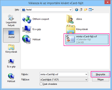 Válassza ki a .csv-fájlba importálandó vCard-fájlt.