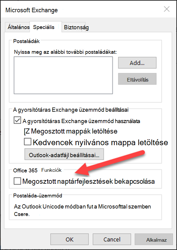 A megosztott naptárak fejlesztéseit egy jelölőnégyzettel kapcsolhatja be.
