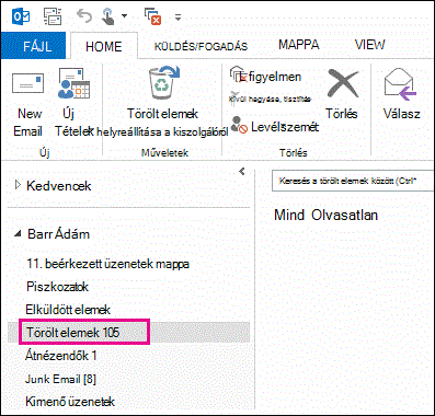 Kattintson a Törölt elemek lehetőségre a mappalistában