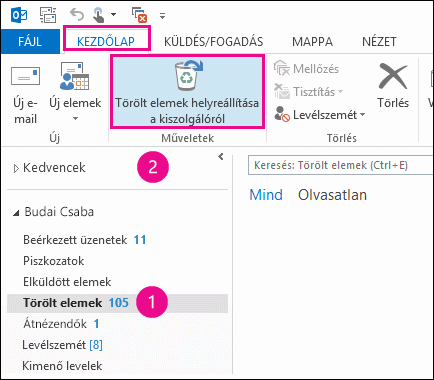 Válassza a Törölt elemek mappát, és kattintson a Törölt elemek helyreállítása a kiszolgálóról gombra