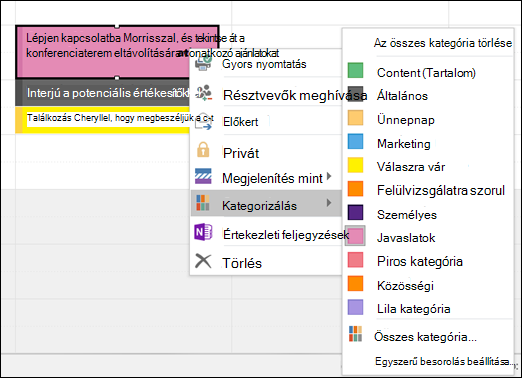 Kattintson a jobb gombbal egy találkozóra, és hozzárendelhet egy kategóriát.