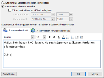 Automatikus válaszüzenet megadása