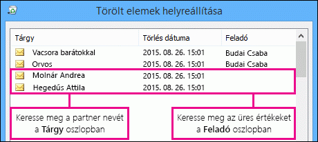 Rendezés a Tárgy vagy a Feladó oszlop alapján a névjegyek kereséséhez