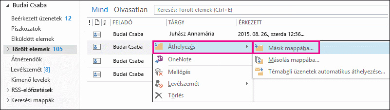 Kattintás az Áthelyezés, majd a Más mappa parancsra