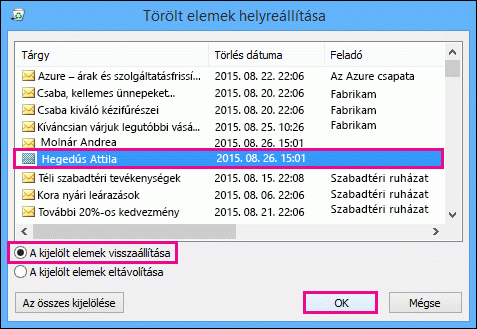 A visszaállítandó névjegy kijelölése, majd kattintás az OK gombra