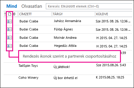 A névjegyek rendezése ikonok szerint a Törölt elemek mappában való csoportosításhoz
