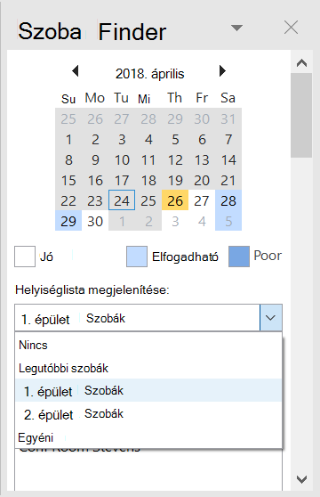 A Helyiségkereső segítségével megtekintheti az értekezlethez rendelkezésre álló konferenciatermeket.