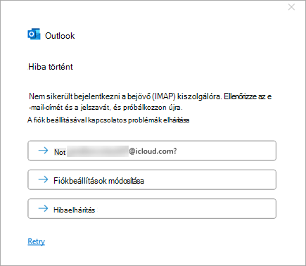 Képernyőkép az iCloud-fiók hozzáadásakor megjelenő Hiba történt hibaüzenetről