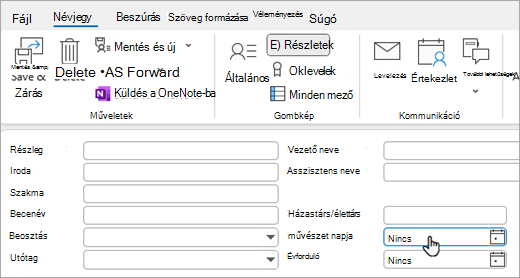 Képernyőkép a névjegykártyák Részletek nézetéről, születésnap vagy évforduló felvételéhez