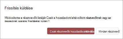 Az értekezletfrissítést elküldheti csak a felvett vagy eltávolított résztvevőknek, illetve az összes résztvevőnek