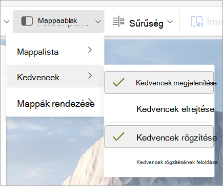 Képernyőkép a Mappaablak legördülő menüről, amelyben a Kedvencek megjelenítése és a Kedvencek rögzítése parancs van kijelölve