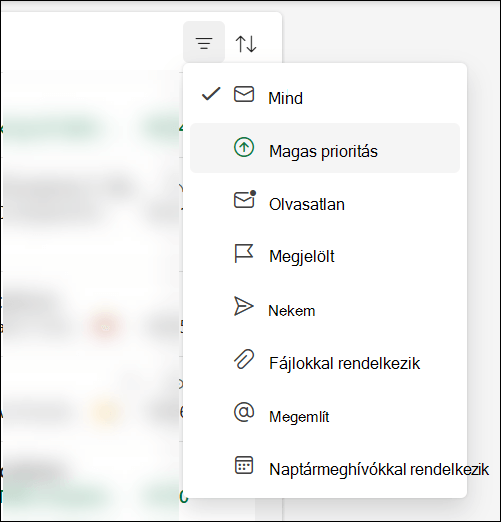 Az Outlook üzenetszűrő menüje, amely szerint a Magas prioritás egy lehetőség.