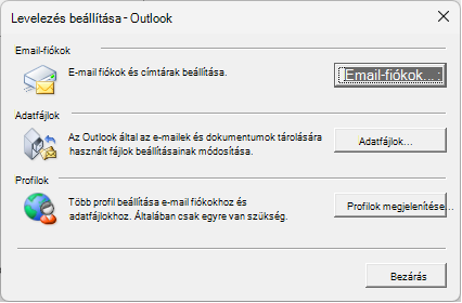 Levelezési beállítások – Az Outlook párbeszédpanelje, amely a levelezési beállítások között érhető el a Vezérlőpult.