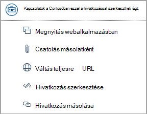 A OneDrive-fájlra mutató hivatkozásokat választva olyan lehetőségeket érhet el, mint például egy webapp megnyitása, másolatként csatolása, a teljes URL-címre váltás, a hivatkozás szerkesztése és az URL-cím másolása.