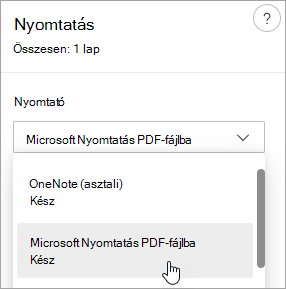 Képernyőkép, amelyen a Microsoft Nyomtatás PDF-fájlba kijelölése látható