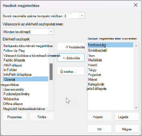 Oszlopok beállításainak megtekintése az Outlookban
