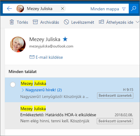 Egy személy összes e-mailjeinek megjelenítése kereséssel