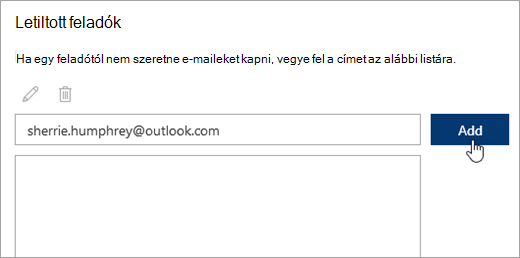 Képernyőkép a letiltott feladók szövegdobozáról