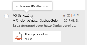 Képernyőkép a feladó neve fölé helyezett kurzorról