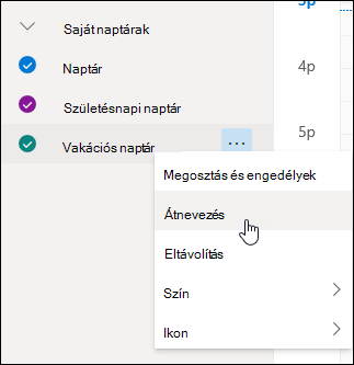 Képernyőkép a saját naptár helyi menüjéről, amelyben a Átnevezés parancs van kijelölve