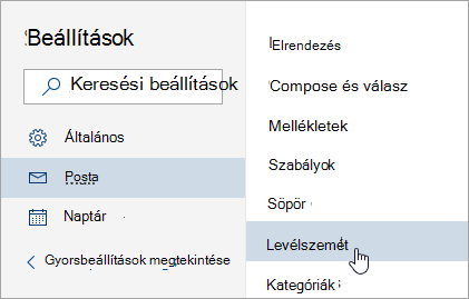 Képernyőkép a Beállítások menüről a Levélszemét kiválasztásával