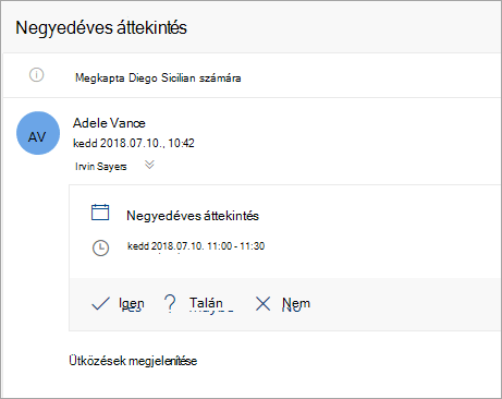 Képernyőkép egy meghatalmazottnak küldött értekezletmeghívóról