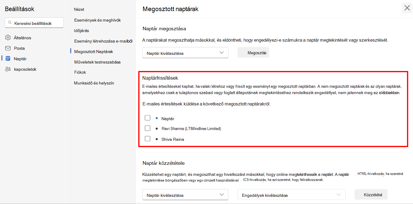 Képernyőkép, amelyen a felhasználók választhatják a naptárértesítéseket