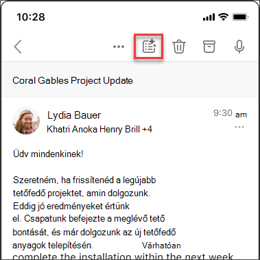 A Copilot összefoglalás ikonja az e-mail-beszélgetések összefoglalásához iOS és Android rendszeren.
