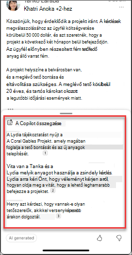 Egy e-mail-összefoglalása a Copilottól iOS és Android rendszeren