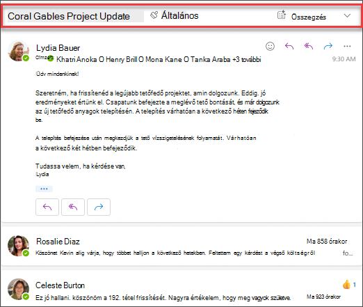 Kattintson az Összefoglalás gombra az e-mail-beszélgetés Copilot általi összegzéséhez.