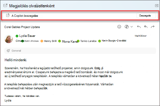 Válassza az összegzés lehetőséget a Copilot számára, hogy létrehozza egy e-mail-szál összegzését.