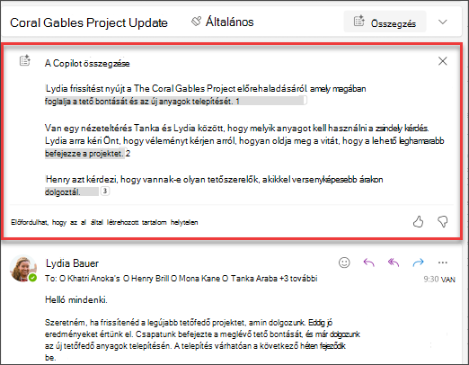 Az e-mail-szál összefoglalása a Copilot által létrehozott idézetekkel.