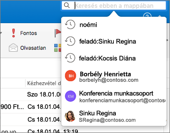 Az üzenetlista a háttérben, a Keresés párbeszédpanel az előtérben