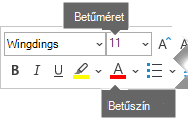 A lebegő Formátum eszköztár betűméretet és betűszínt tartalmaz.