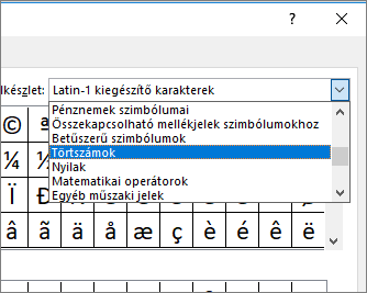 Az Alkészlet párbeszédpanelen válassza a Számformák lehetőséget a törtek és más matematikai szimbólumok megjelenítéséhez