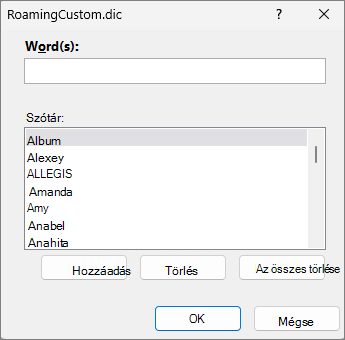 Szótárszerkesztési párbeszédpanel