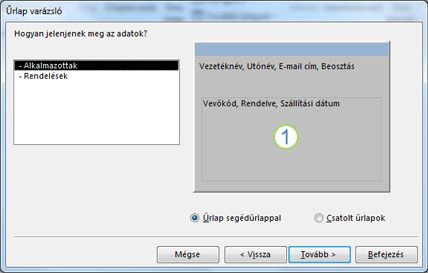 Képernyőkép az Űrlap varázsló segédűrlap lapjáról