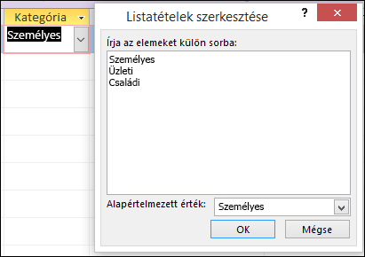 Listaelemek szerkesztése párbeszédpanel egy Access-űrlapon