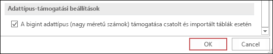 Képernyőkép az Access beállításai között bejelölt bigint típus (nagy méretű számok típusának támogatása csatolt/importált táblákhoz) beállításról.