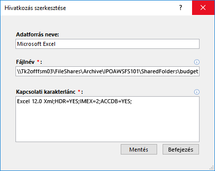 Excel-adatforrás Hivatkozás szerkesztése párbeszédpanelje