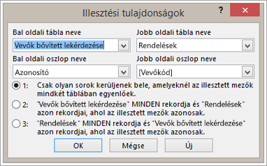 Képernyőkép az Illesztési tulajdonságok bal oldali táblázatnevéről